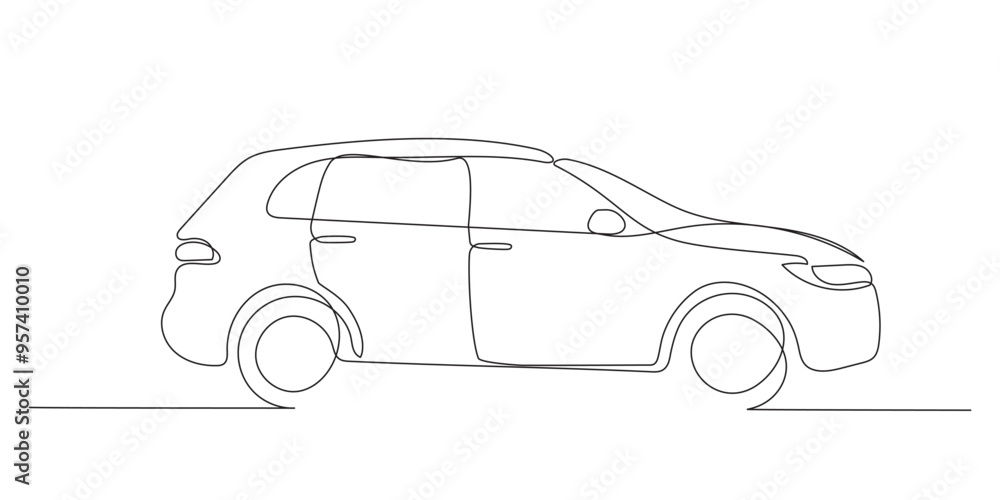 Fototapeta premium Car on road. Side view. Continuous one line drawing. Black and white vector illustration in line art style.