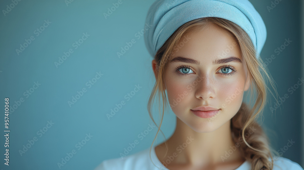 Fashionable woman wearing a light blue headscarf, serene expression, and blue background. Close-up portrait of, a young female model with natural beauty, clear skin, and elegant style, isolated, calm. Fashionable woman wearing a light blue headscarf, serene expression, and blue background. Close-up portrait of, a young female model with natural beauty, clear skin, and elegant style, isolated, calm.