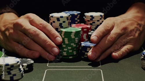 Game of poker in casino, taking place with poker chips and cards on a green table, gambling place, roulette jack pot. 