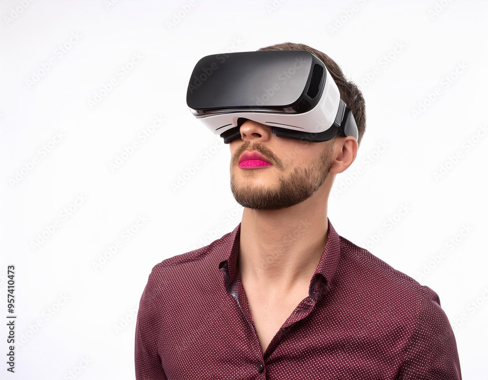 Portrait of a Man Using VR Glasses Headshot Isolated on White Background with Copy Space Portrait of a Man Using VR Glasses Headshot Isolated on White Background with Copy Space