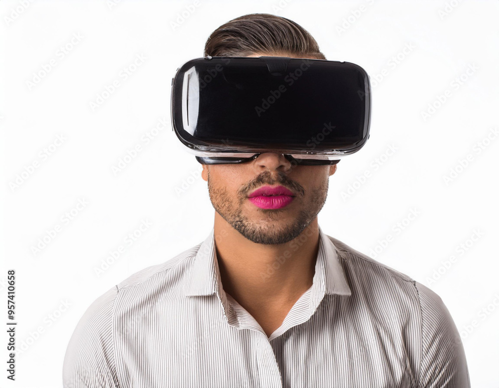 Portrait of a Man Using VR Glasses Headshot Isolated on White Background with Copy Space Portrait of a Man Using VR Glasses Headshot Isolated on White Background with Copy Space