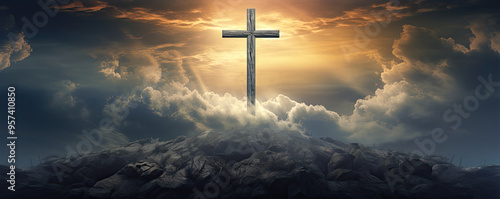 cross in clouds symbol of the death and resurrection , copy space for text.