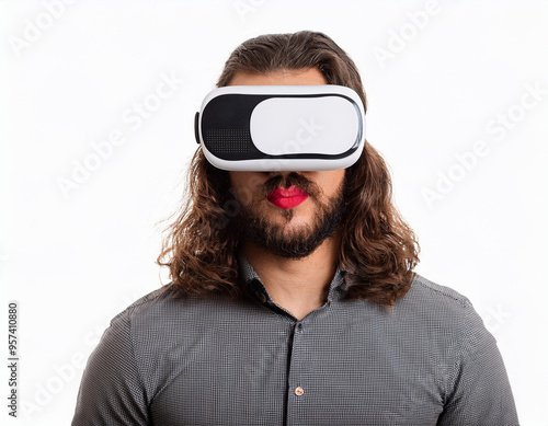 Portrait of a Man Using VR Glasses Headshot Isolated on White Background with Copy Space