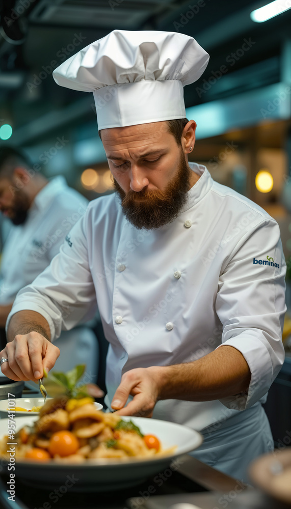 A focused chef meticulously plating a gourmet dish in a modern kitchen. This image is ideal for culinary blogs, restaurant marketing, and food-related content, showcasing the artistry of cooking. A focused chef meticulously plating a gourmet dish in a modern kitchen. This image is ideal for culinary blogs, restaurant marketing, and food-related content, showcasing the artistry of cooking.