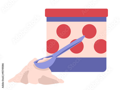 Container, handful of flour and spoon. Red polka dot storage for bulk products. Iron container in retro style. Bakery and confectionery cooking ingredient. Tablespoon. Isolated. Vector illustration