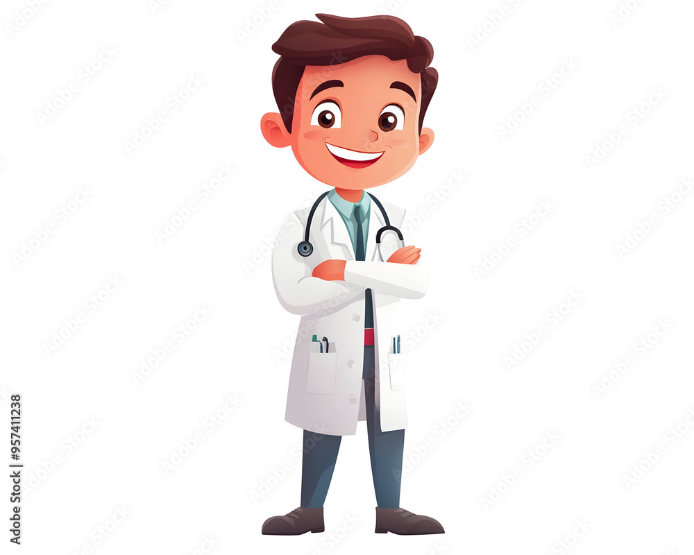 Cheerful young doctor in a white coat, creatively designed as a cartoon character, isolated on a transparent PNG background.