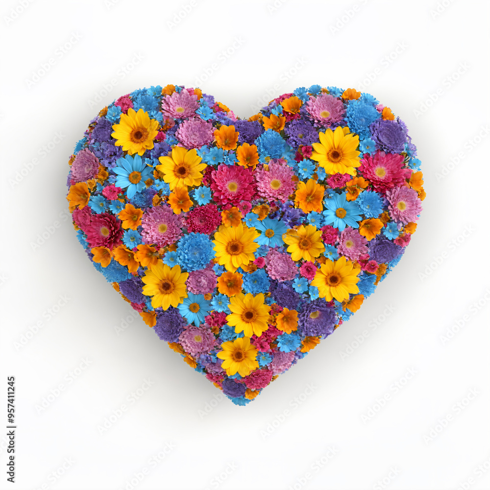 3D Render of a heart made of flowers in different colors. 3D Render of a heart made of flowers in different colors.