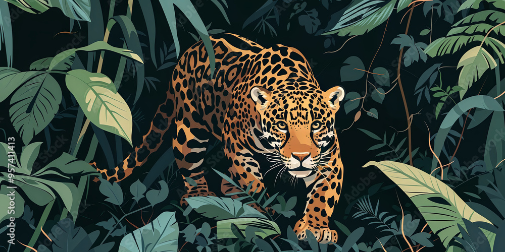 Obraz premium Vector style illustration of a tiger stealthily peeking from a jungle bush in hunting mode.