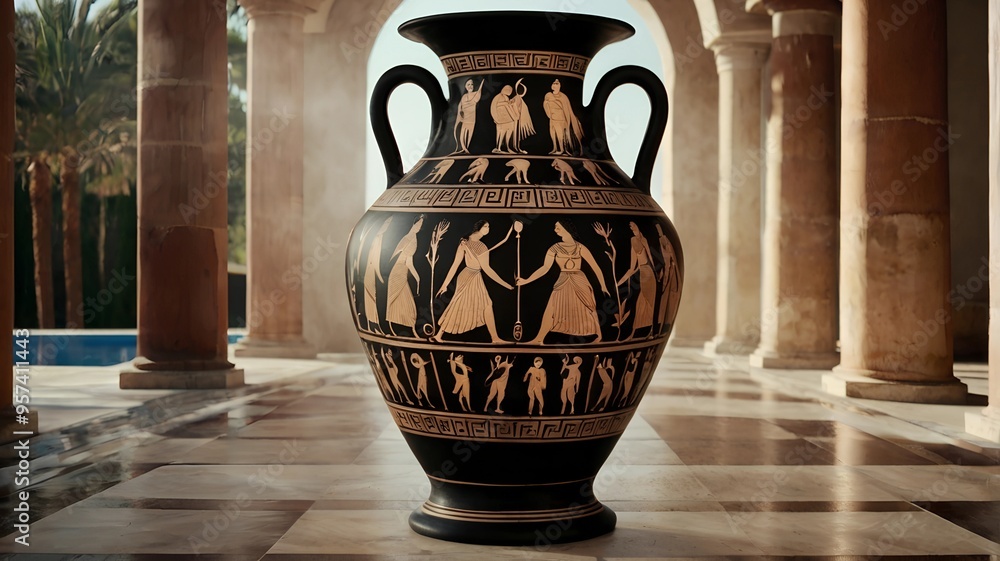 Detailed ancient Greek amphora vase painted with scenes from Greek ...