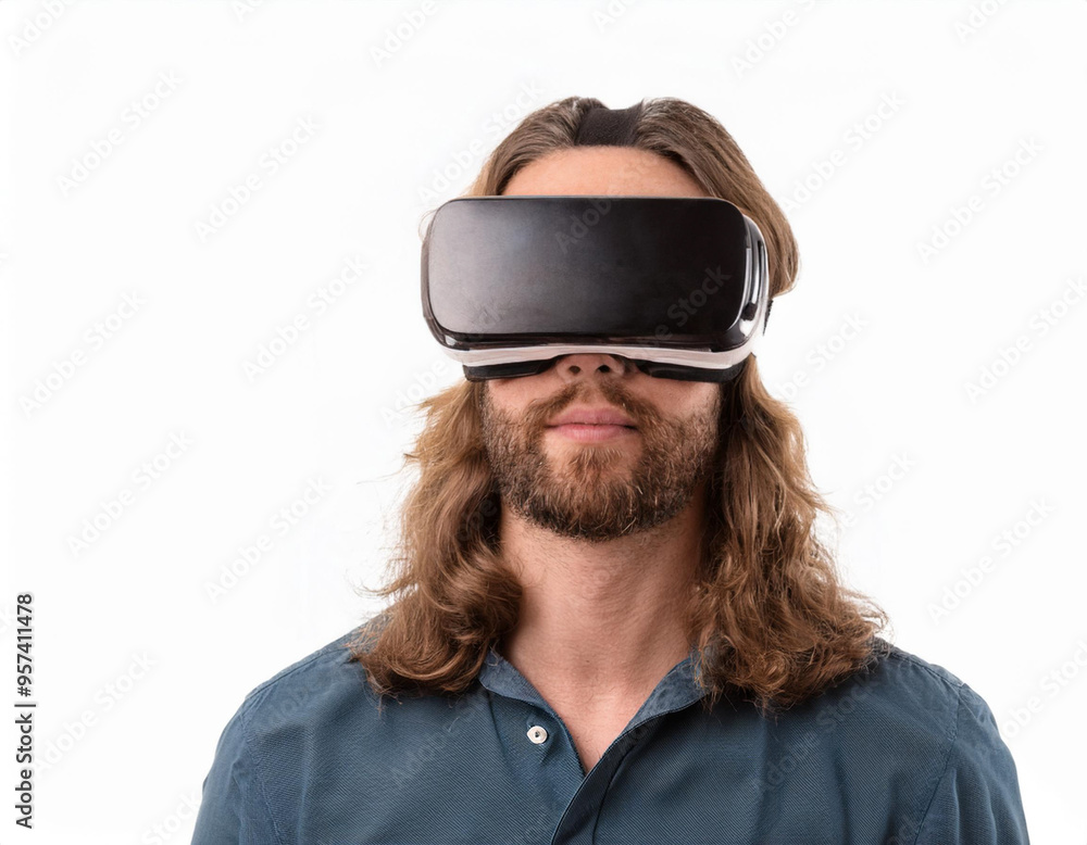 Portrait of a Man Using VR Glasses Headshot Isolated on White Background with Copy Space Portrait of a Man Using VR Glasses Headshot Isolated on White Background with Copy Space