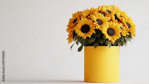 Bright sunflowers in a yellow hat box on a white background photo