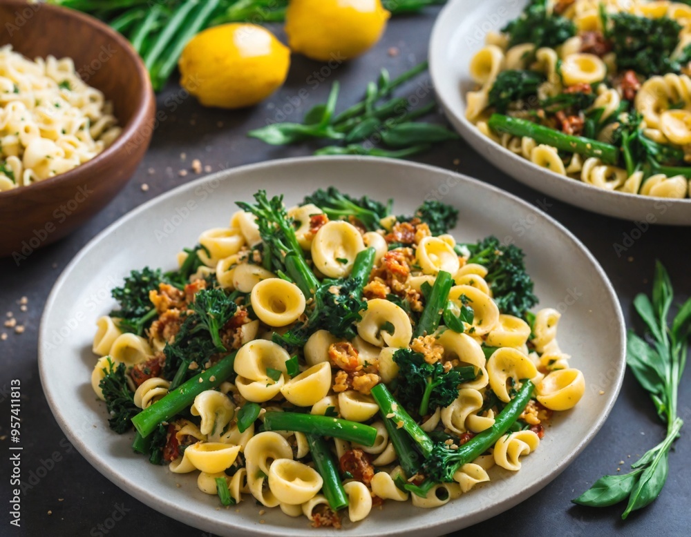 A plate of pasta with broccoli and minced meat A plate of pasta with broccoli and minced meat
