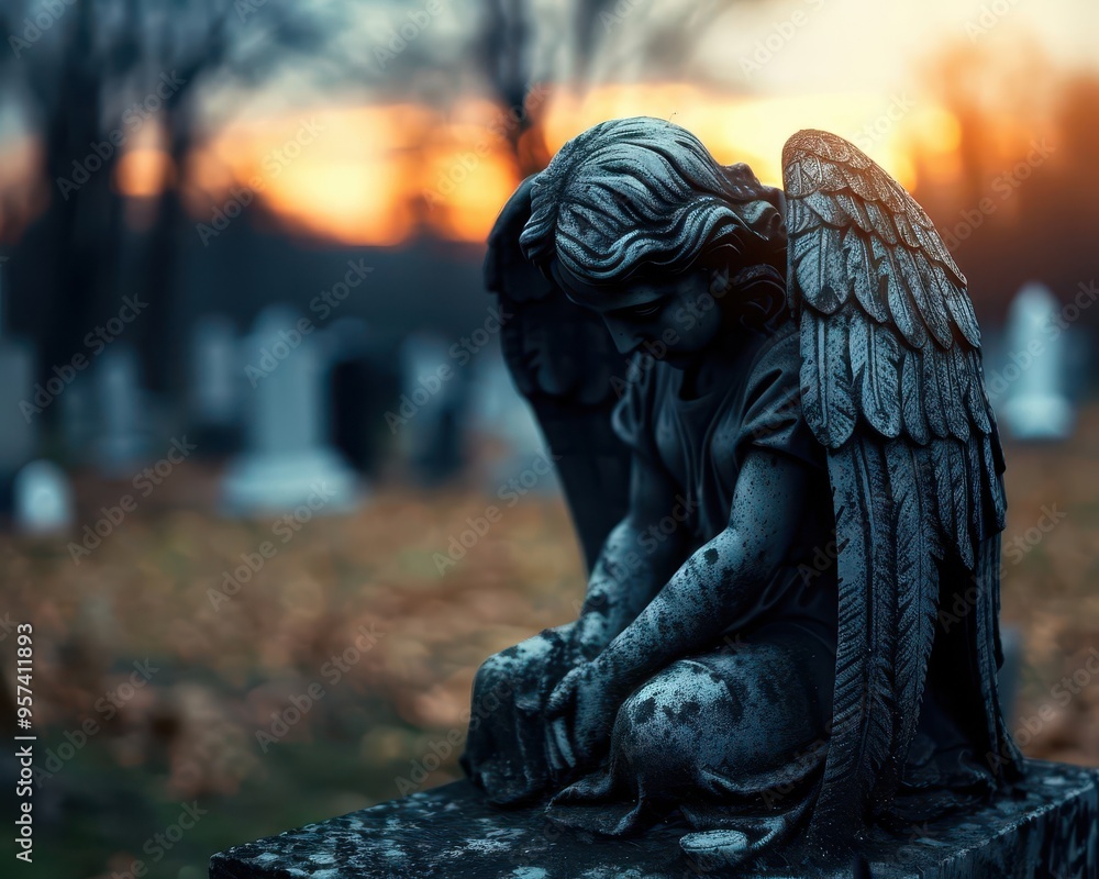 Angel statues in a peaceful cemetery, serene and spiritual, Gothic, Soft tones, Photograph, Sacred art Angel statues in a peaceful cemetery, serene and spiritual, Gothic, Soft tones, Photograph, Sacred art