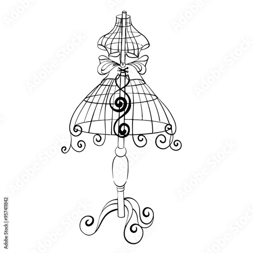Elegant Dress Form with Ribbon Accent, ideal for displaying fashion design and tailoring. Graphic vector line, hand drawn, black silhouette for cricut