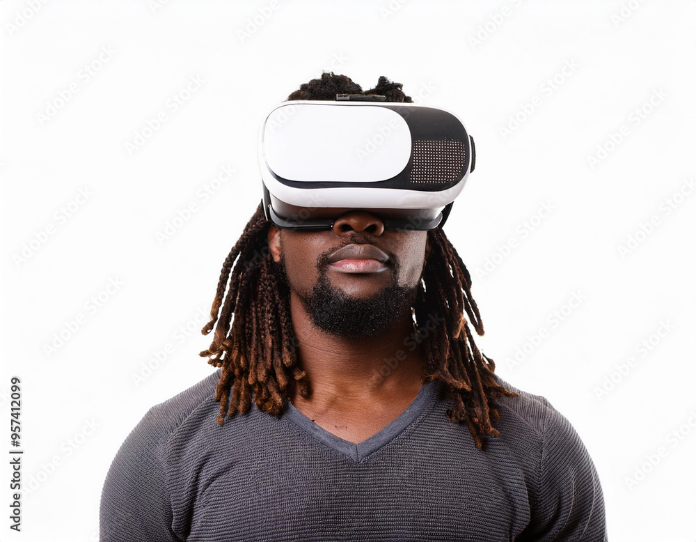 Portrait of a Man Using VR Glasses Headshot Isolated on White Background with Copy Space Portrait of a Man Using VR Glasses Headshot Isolated on White Background with Copy Space