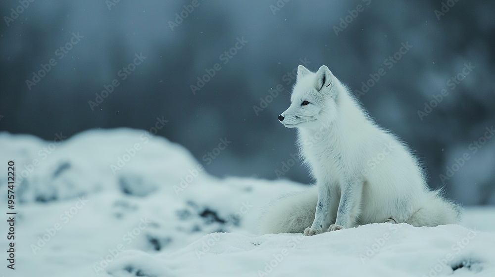 A white fox perched atop a snow-covered terrain surrounded by trees in the background A white fox perched atop a snow-covered terrain surrounded by trees in the background