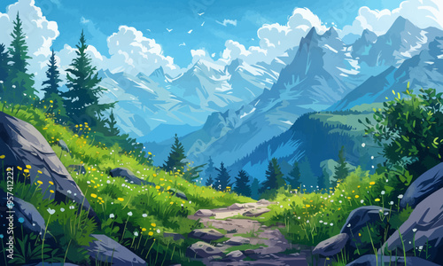 A flat vector of a mountain hiking trail.
