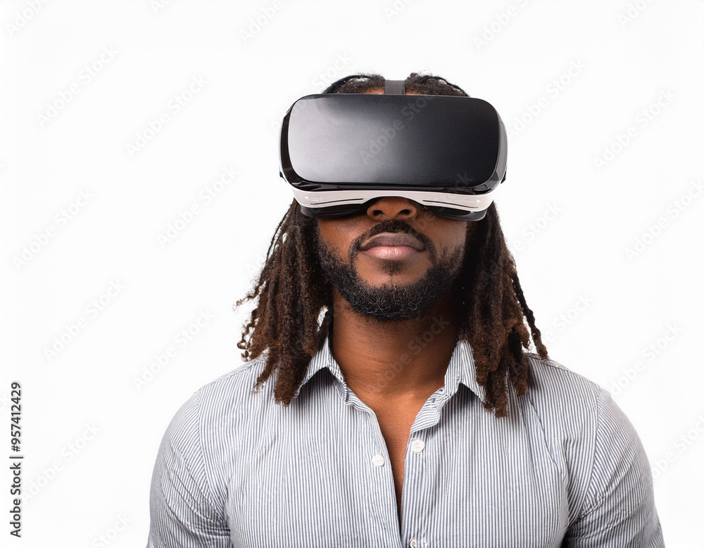 Portrait of a Man Using VR Glasses Headshot Isolated on White Background with Copy Space Portrait of a Man Using VR Glasses Headshot Isolated on White Background with Copy Space