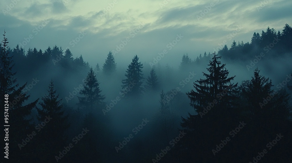 A dense forest with numerous trees shrouded in mist, set against a backdrop of cloud-filled skies A dense forest with numerous trees shrouded in mist, set against a backdrop of cloud-filled skies
