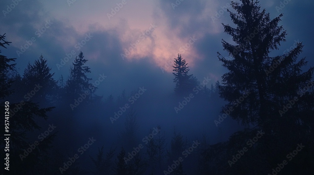 A dense forest shrouded in mist, dotted with towering trees beneath a clear blue sky and a distant sun peeking through the cloudy horizon A dense forest shrouded in mist, dotted with towering trees beneath a clear blue sky and a distant sun peeking through the cloudy horizon