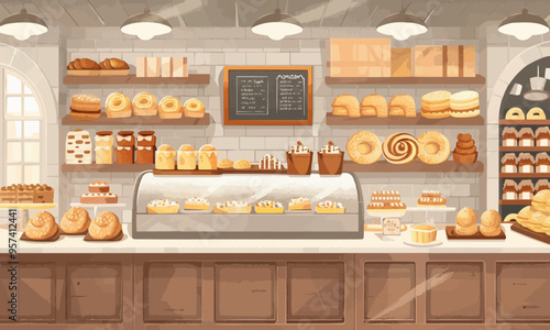 A flat vector of a bakery with pastries.
