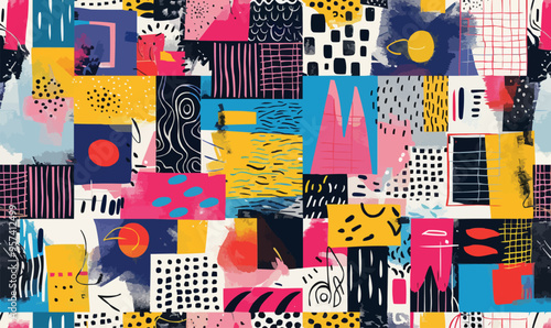 A colorful geometric abstract doodle collage vector seamless pattern.