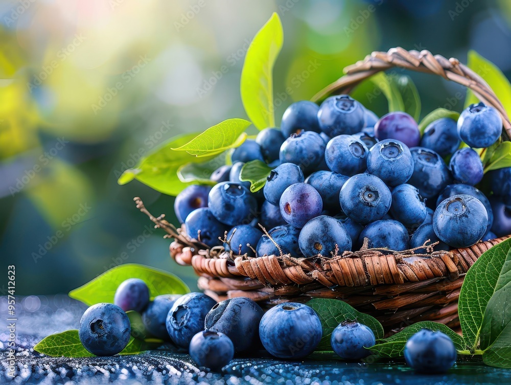 Fototapeta premium Blueberries in a basket, fresh and vibrant, Botanical, Bright hues, Photograph, Fruit harvest