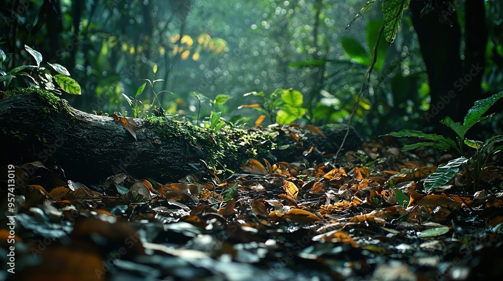 Lush green forest brimming with leaves and a massive tree trunk Lush green forest brimming with leaves and a massive tree trunk