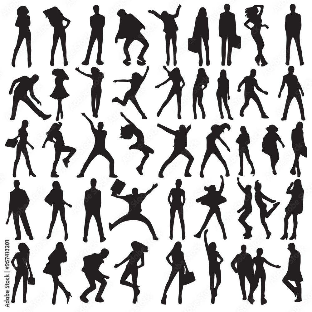 Silhouettes of people in various dynamic and static poses—standing set vector with white background Silhouettes of people in various dynamic and static poses—standing set vector with white background