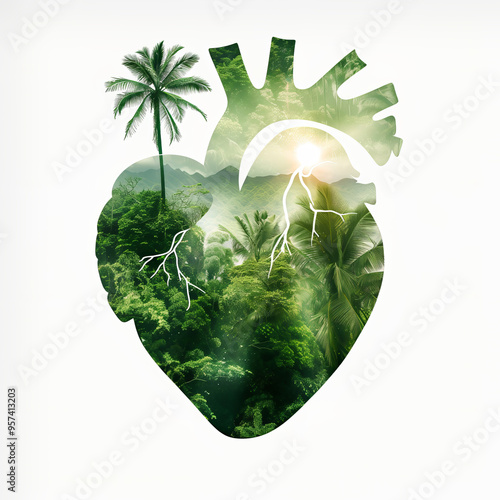 Human heart in a double exposure with a green forest background, symbolizing a healthy cardiovascular system.