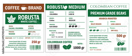 An illustration of coffee labels template, showcasing Robusta Blend and Premium Grade Beans in cmyk mode with two tone color. The labels detail various coffee attributes such as origin, altitude, roas