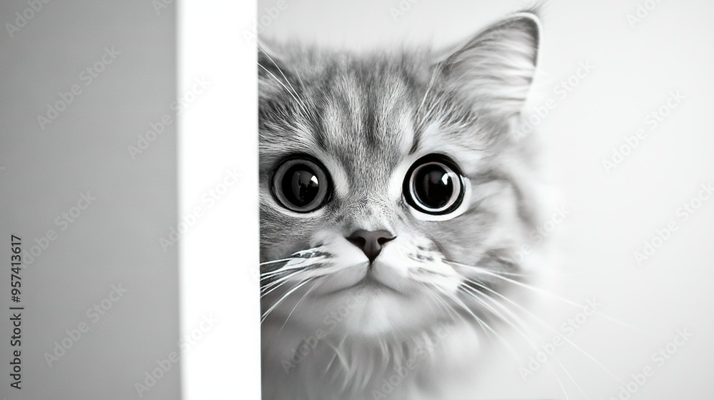 A grayscale image depicts a feline's face emerging from a wall corner, with large open eyes A grayscale image depicts a feline's face emerging from a wall corner, with large open eyes