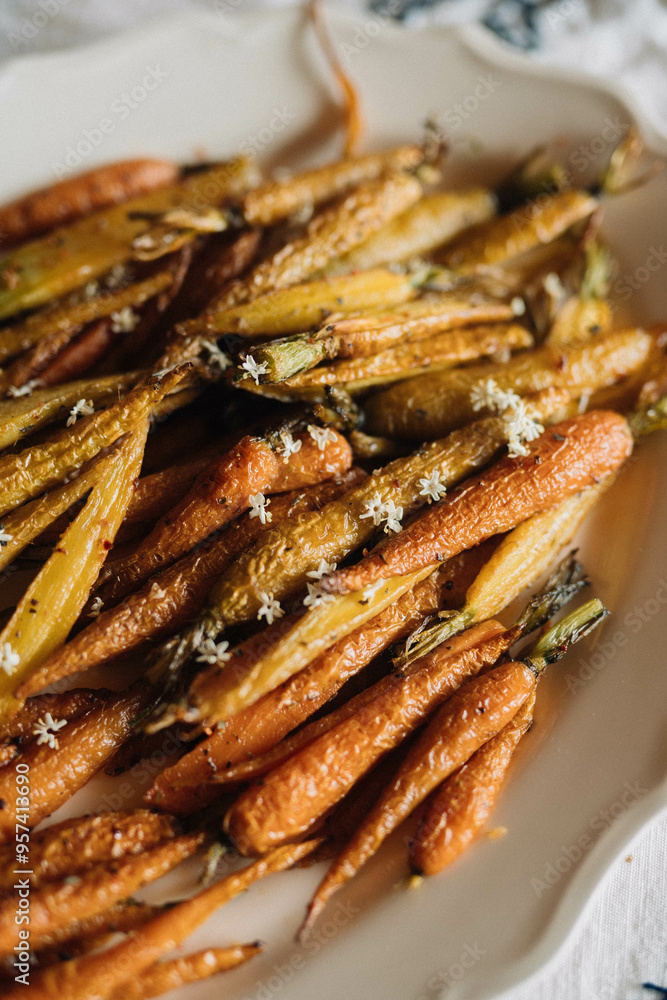 Close-up of roasted heirloom carrots with herbs Close-up of roasted heirloom carrots with herbs