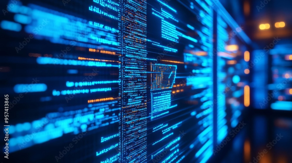 Holographic coding space, futuristic digital environment, blue neon elements Holographic coding space, futuristic digital environment, blue neon elements