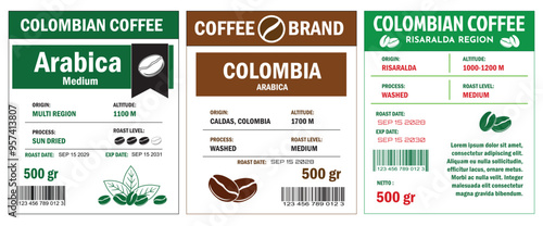 An illustration of coffee labels template, showcasing Robusta Blend and Premium Grade Beans in cmyk mode with two tone color. The labels detail various coffee attributes such as origin, altitude, roas