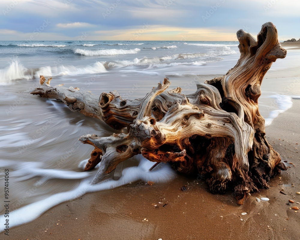 Driftwood on a sandy beach, natural and serene, Coastal, Soft hues, Photograph, Shoreline detail Driftwood on a sandy beach, natural and serene, Coastal, Soft hues, Photograph, Shoreline detail