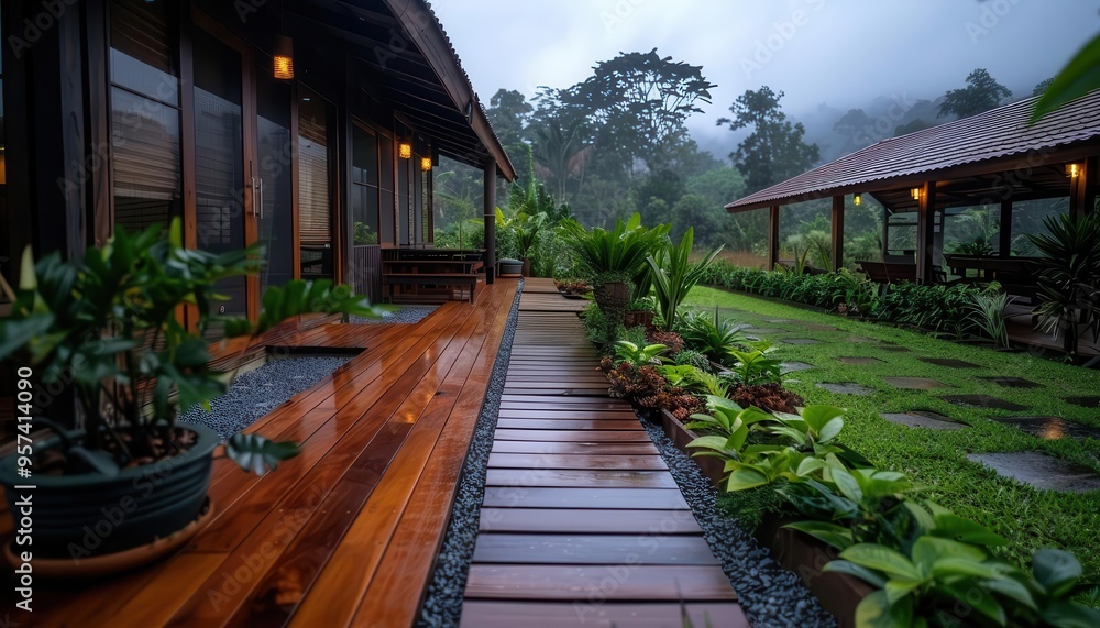 Ecolodge in a lush forest, sustainable and inviting, Nature, Soft greens, Photograph, Green living Ecolodge in a lush forest, sustainable and inviting, Nature, Soft greens, Photograph, Green living