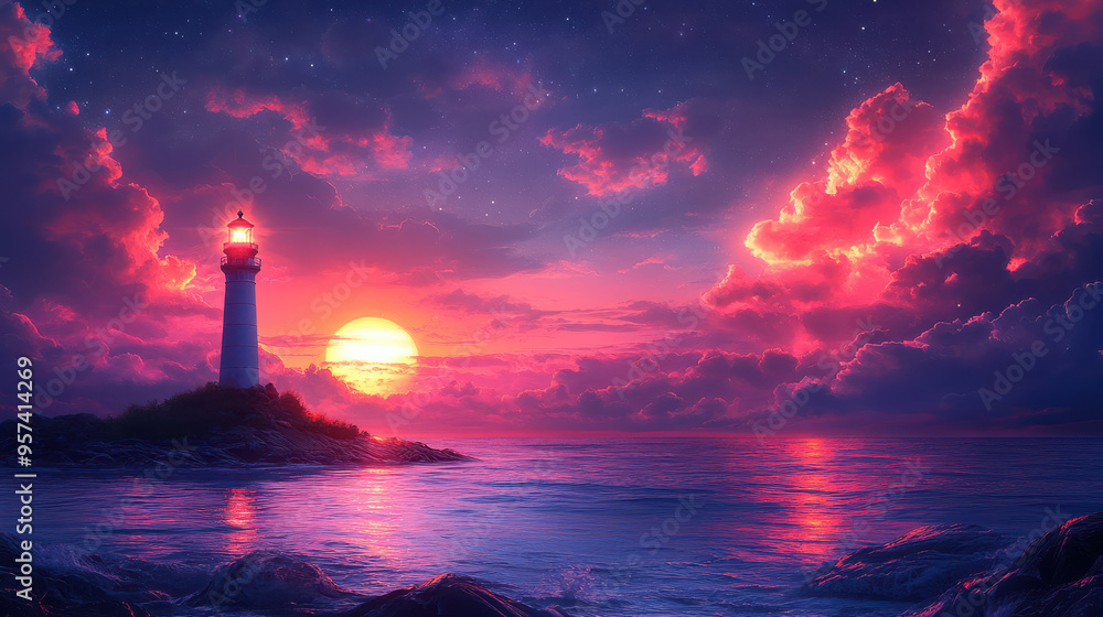Lighthouse on a rocky shore during a vibrant sunset, with dramatic pink and purple clouds, peaceful ocean waves, and serene coastal atmosphere Lighthouse on a rocky shore during a vibrant sunset, with dramatic pink and purple clouds, peaceful ocean waves, and serene coastal atmosphere