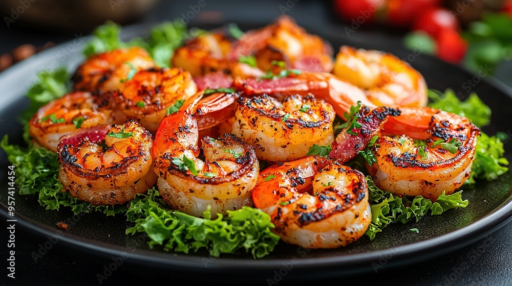Grilled Shrimp and Lettuce on Black Plate Grilled Shrimp and Lettuce on Black Plate