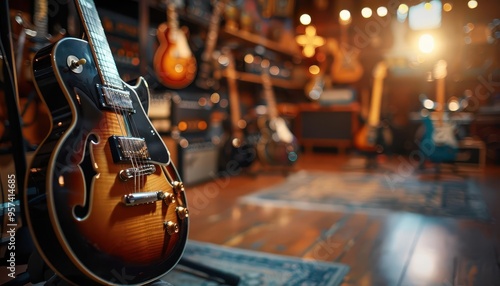 Guitar shop with instruments on display, musical and inviting, Urban, Warm tones, Photograph, Music store