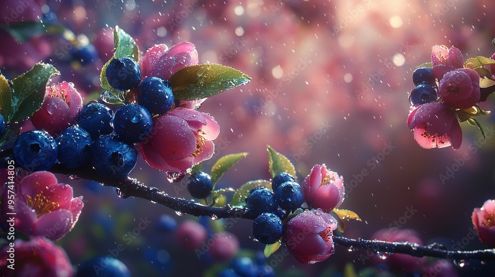 A high-resolution photo of a branch with blueberries and other berries, along with water droplets on the leaves and flowers A high-resolution photo of a branch with blueberries and other berries, along with water droplets on the leaves and flowers