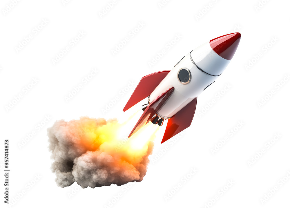 Launch of a red rocket isolated on transparent PNG background, cutout. Concept of successful business startup. Launch of a red rocket isolated on transparent PNG background, cutout. Concept of successful business startup.