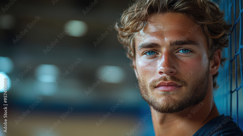 Portrait of confident volleyball player with focused expression, standing against indoor gym net, young male athlete prepared for competition, serious and determined Portrait of confident volleyball player with focused expression, standing against indoor gym net, young male athlete prepared for competition, serious and determined