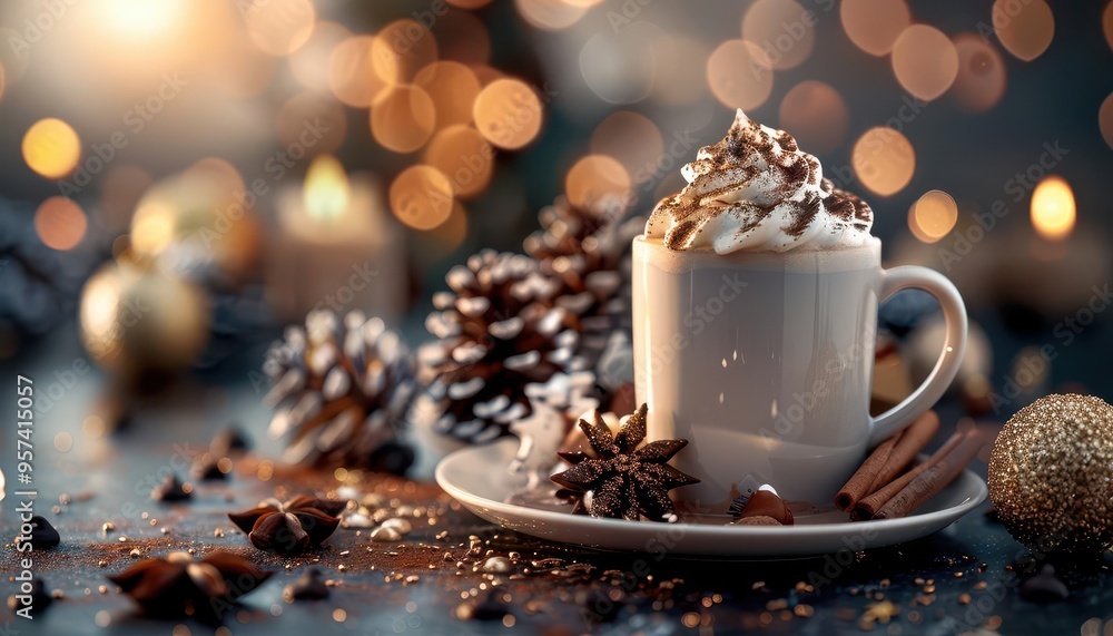 Hot chocolate with whipped cream, cozy and inviting, Culinary, Warm tones, Photograph, Winter treat Hot chocolate with whipped cream, cozy and inviting, Culinary, Warm tones, Photograph, Winter treat