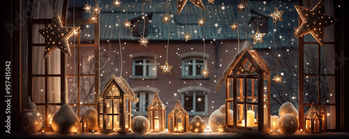 Christmas decoration window, balls trees, lights. Christmass wide banner,