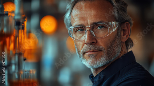 Serious middle-aged scientist with grey hair and beard, wearing protective goggles in a laboratory environment. Close-up portrait, focused expression, experienced professional, indoors.