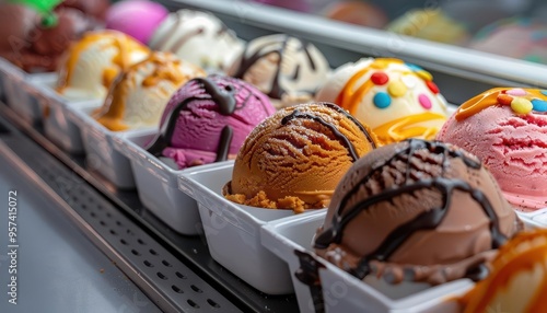 Ice cream parlor with colorful scoops, playful and inviting, Culinary, Bright hues, Photograph, Sweet treats photo