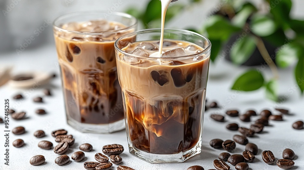 Coffee beans in two cups being poured from a pitcher onto a white surface, surrounded by green foliage Coffee beans in two cups being poured from a pitcher onto a white surface, surrounded by green foliage