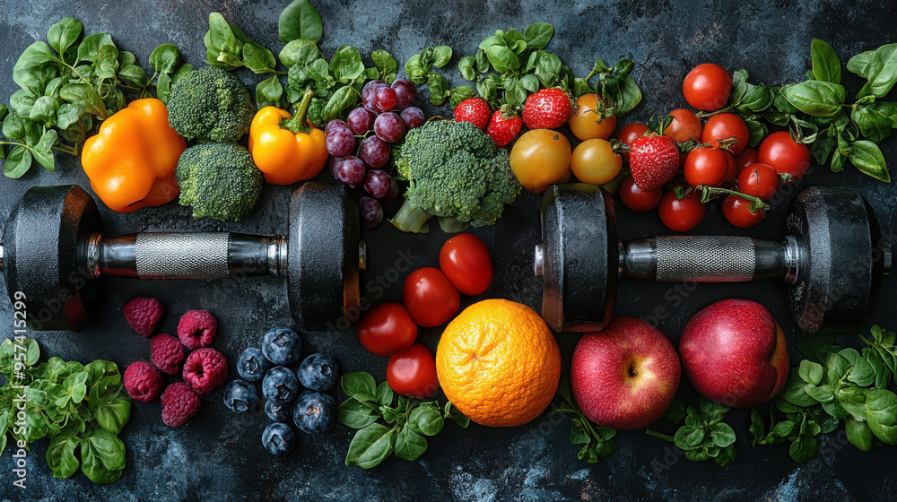 Top view of colorful fresh fruits, vegetables, and two black dumbbells arranged on a dark textured background, symbolizing health, fitness, and nutrition. Top view of colorful fresh fruits, vegetables, and two black dumbbells arranged on a dark textured background, symbolizing health, fitness, and nutrition.