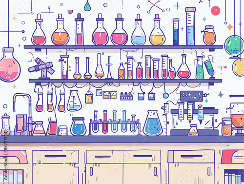 Cartoon Illustration of a Laboratory Environment: Scientific Research, Experimental Learning, and Practical Education Depicted